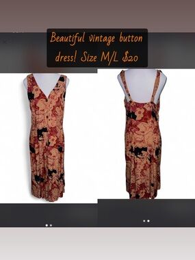 Vintage Floral Button-Front Sleeveless Dress - Rust Multi
